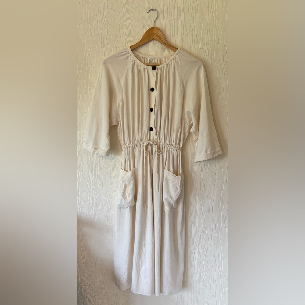Zara Ecru Off White Cream Button Up Down Drawstring Pocket Linen Midi Dress - Picture 6 of 13